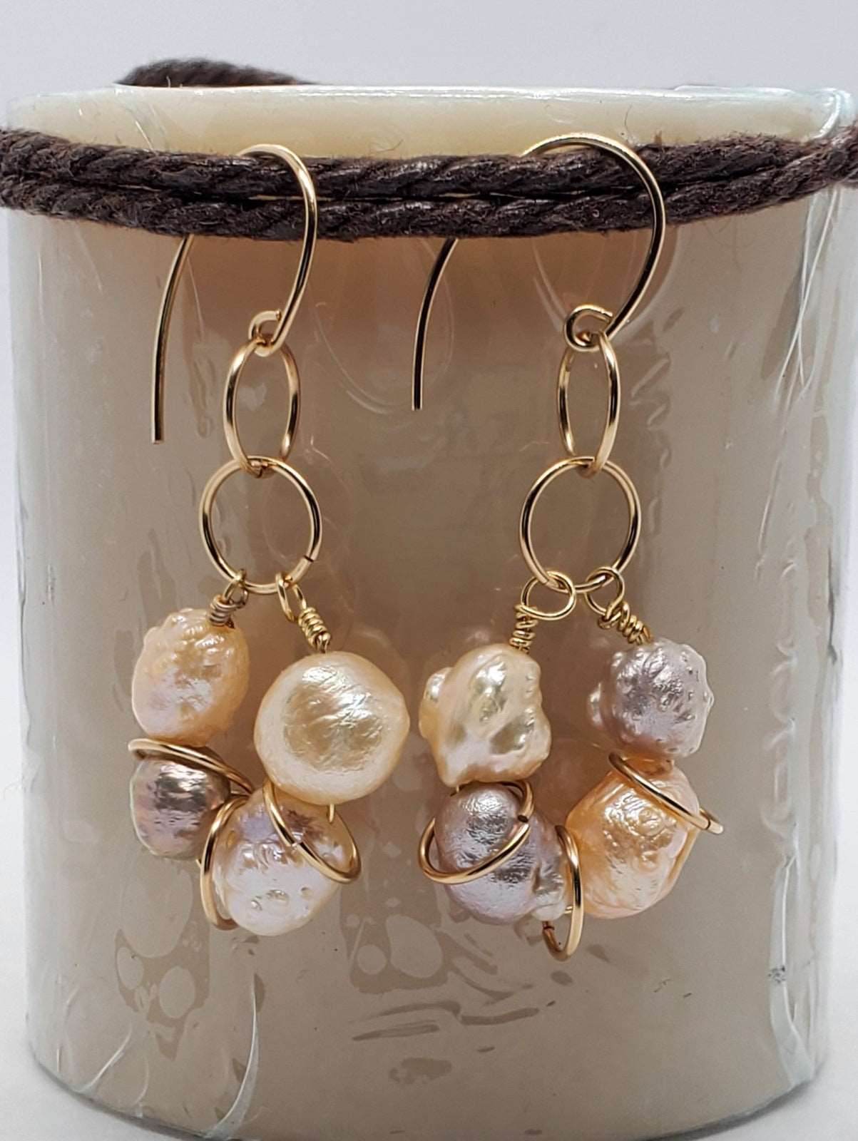 Texture Pearl earrings on rope, dangling earrings on candle photo, handmade earrings, earrings by Jiana Deon,Peachy Pink Drop Earrings