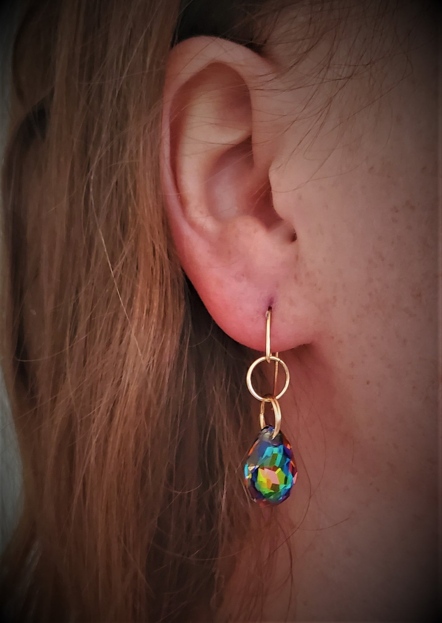 Red hair woman wearing handmade earrings, Splash Spice Dangle Earrings, earrings for women, Swarovski Crystal earrings