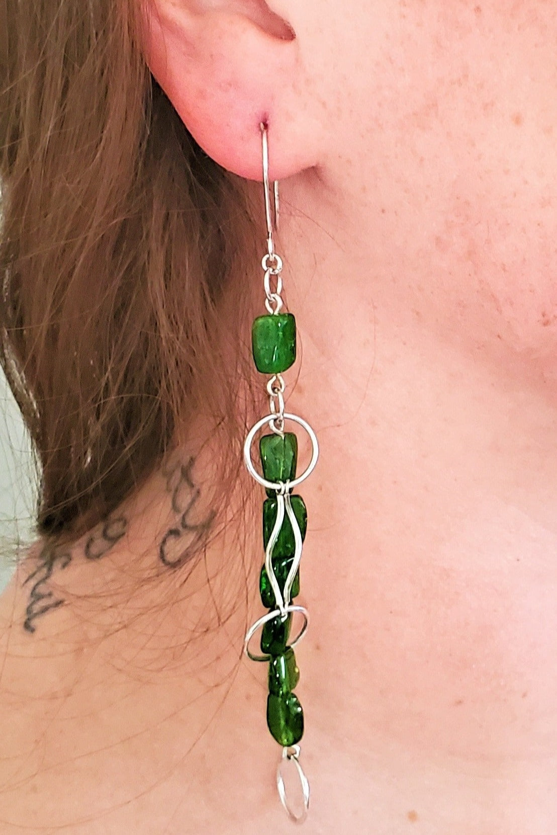 Red Head wearing green earrings, handmade earrings, earrings for women, Vale Dangle Earrings