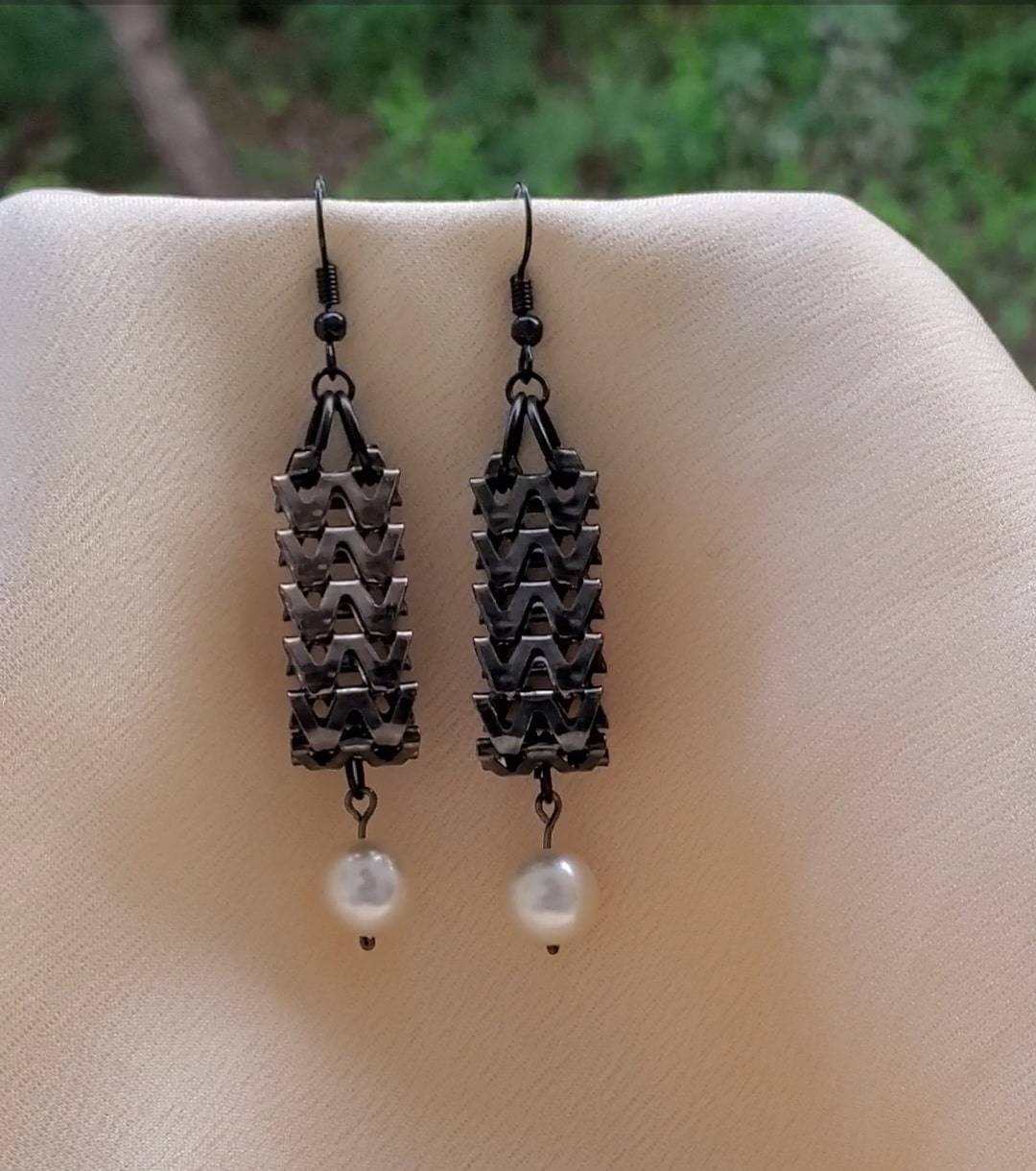 earrings outside photo, lattice earrings, handmade earrings, earrings for women, Ziggy Pearl Drop Earrings