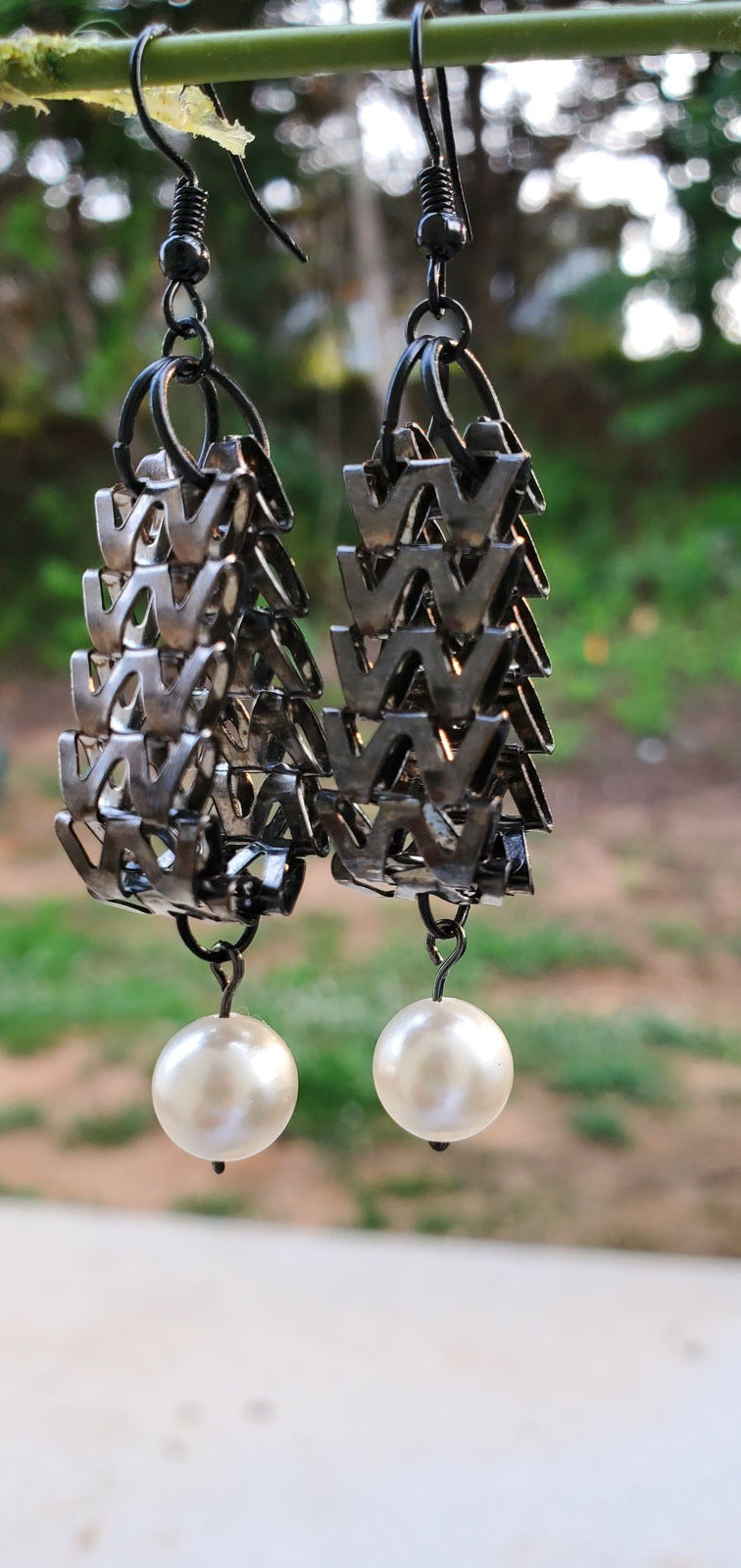 Earring photo out doors, pearl and black earrings photo, lattice earrings, unique handmade earrings, earrings for women, Ziggy Pearl Drop Earrings