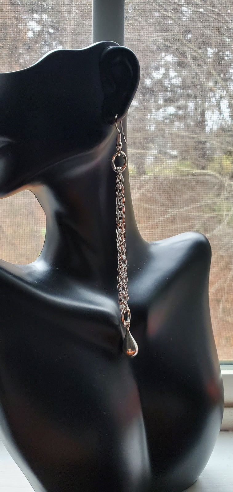 Earrings for women, Chain Teardrop Earrings, handmade earrings, earrings on bust in window