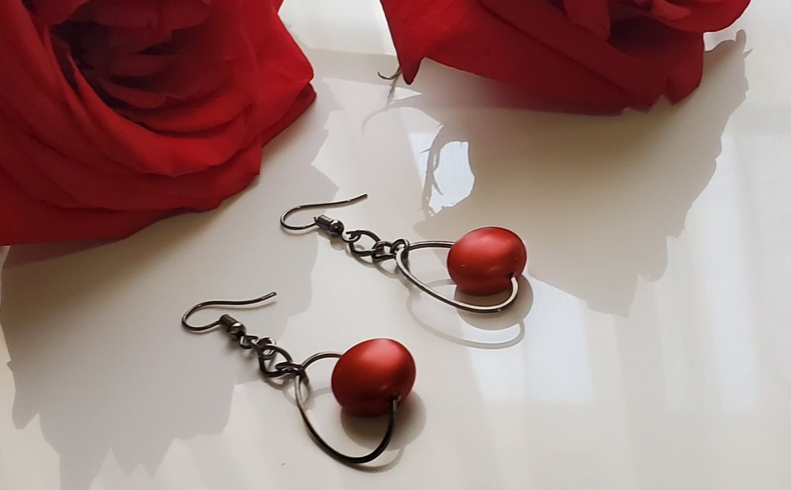 Red earrings photo, earrings with roses, handmade earrings, earrings for women, Ruby Chain Dangle Earrings