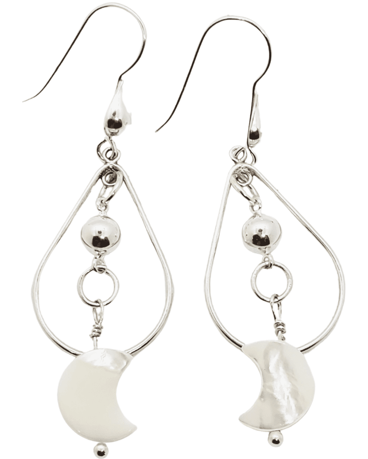 Half moon earrings, silver and white earrings, earrings on white backdrop, earrings for women, handmade, Jiana Deon brand, Mae Drop Earrings