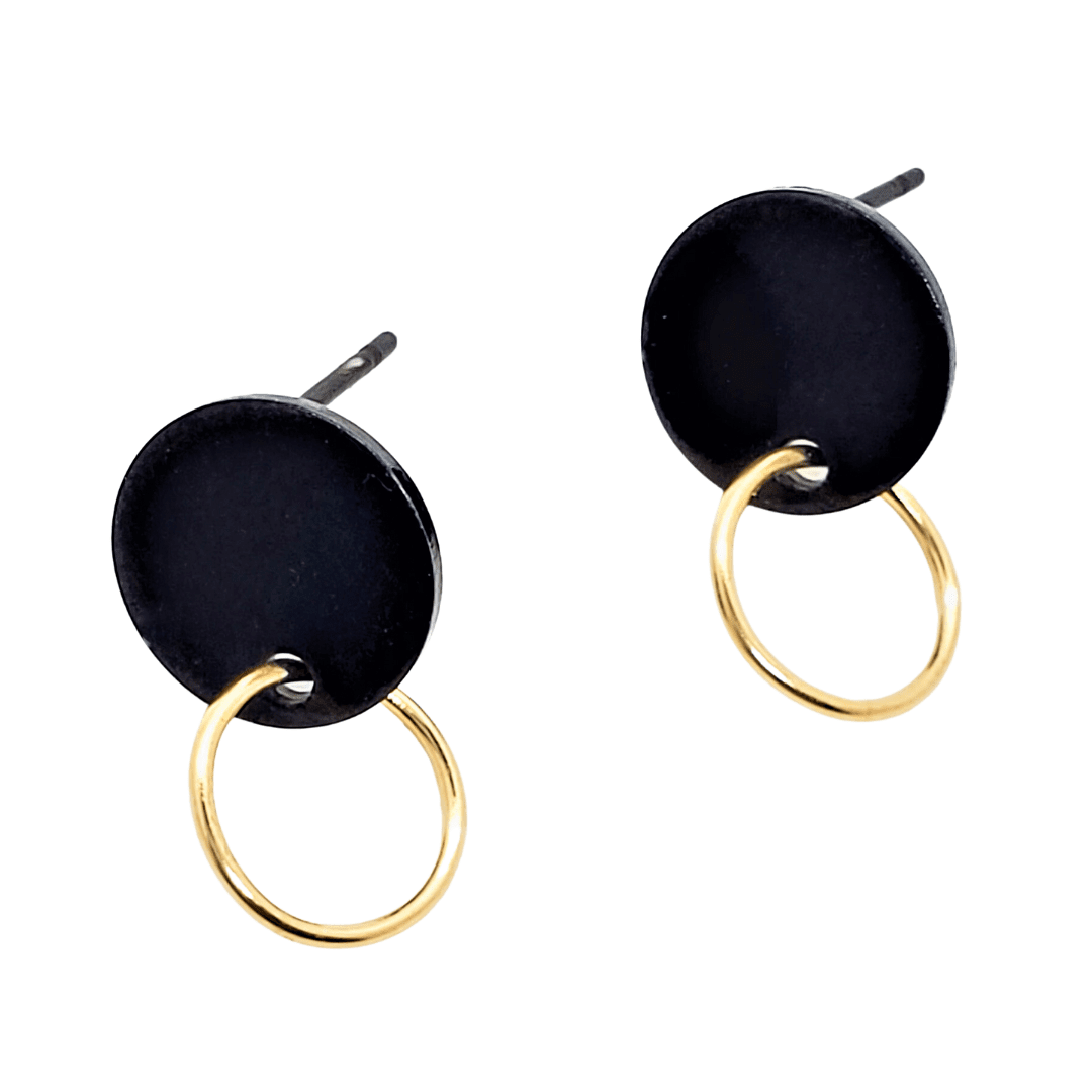 Earrings for men on white background, black and gold, handmade earrings, Men's Black and Gold Ring Studs