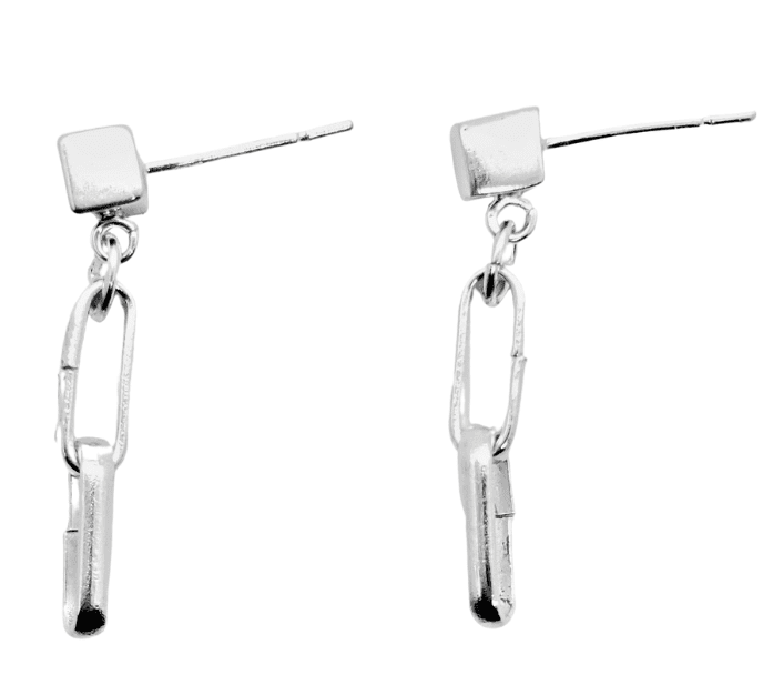 Link earrings, silver earrings on white background, Men's Cube Link Earrings