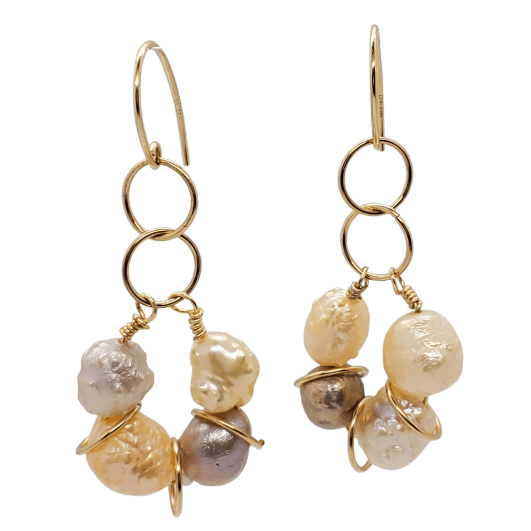 Texture pearl earrings on white background, handmade earrings, gold and pearl earrings, earring photo, Peachy Pink Drop Earrings