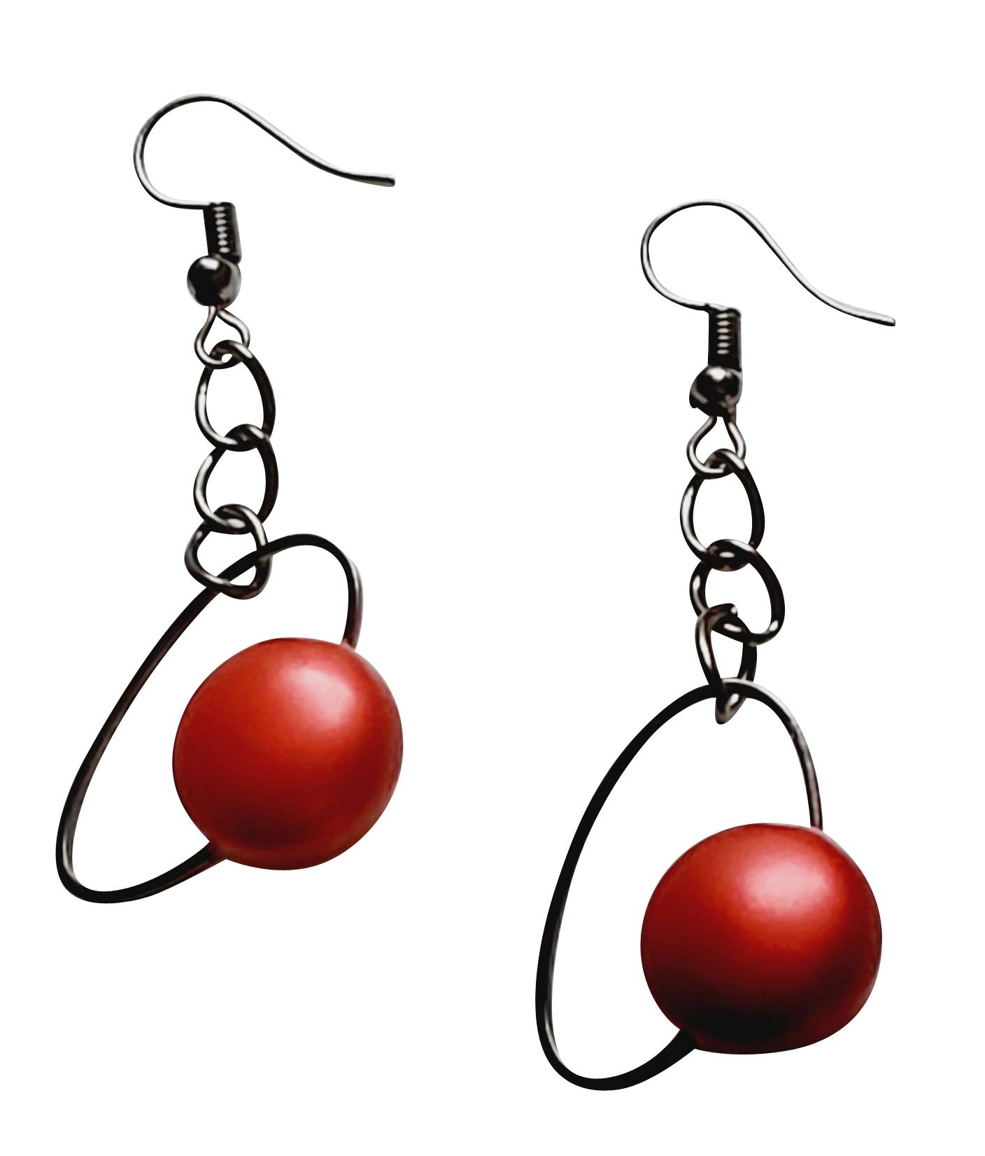Close up photo of  red and black earrings, earrings for women, handmade earrings, red dangling earrings, Ruby Chain Dangle Earrings