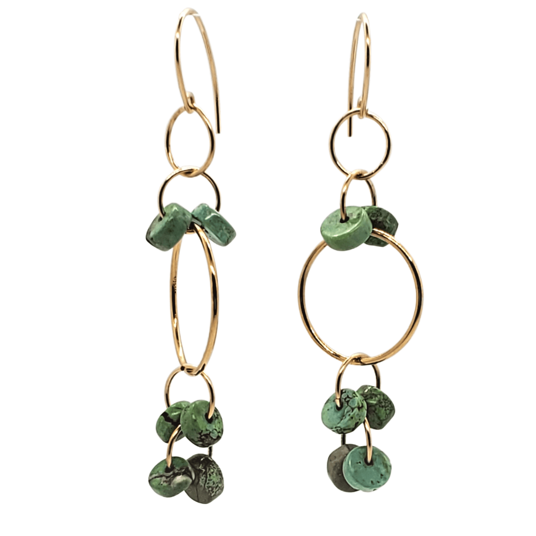 Photo of green earrings on white background, Sydney Dangle Earrings, gold and green dangles, handmade earrings