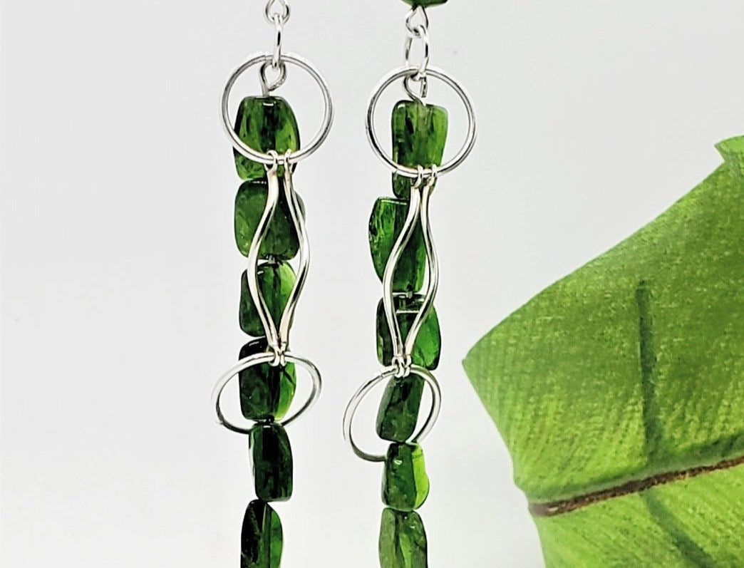 close up photo earrings with green leaf,  diopside earrings, handmade earrings, Jiana Deon Earrings, Vale Dangle Earrings