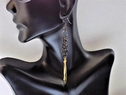 Edgy earrings photo on bust, sideview of earrings, handmade, Gunmetal Chain Tassel Earrings, Jiana Deon