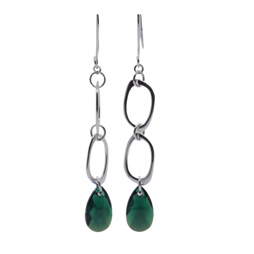 Earrings of  women, Emerald Shimmer Dangle Earrings, handmade earrings, photo of emerald earrings on white background